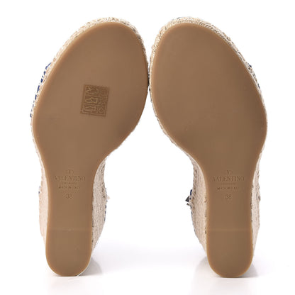 Valentino Garavani Grained Calfskin Rockstud Ankle Strap Espadrille 15/105mm Wedge Sandals 38 Blu Delft Natural 5 of 8