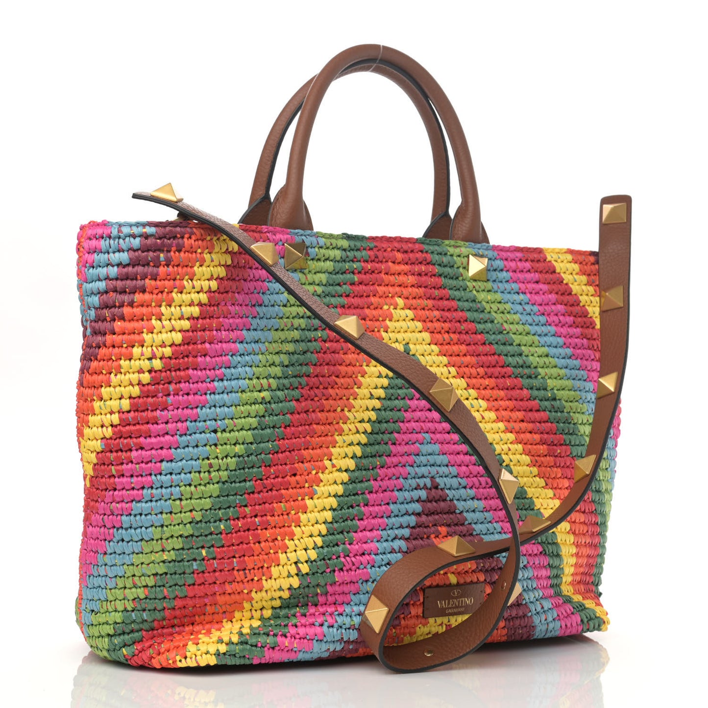 Raffia Calfskin Rockstud Summer Tote Multicolor