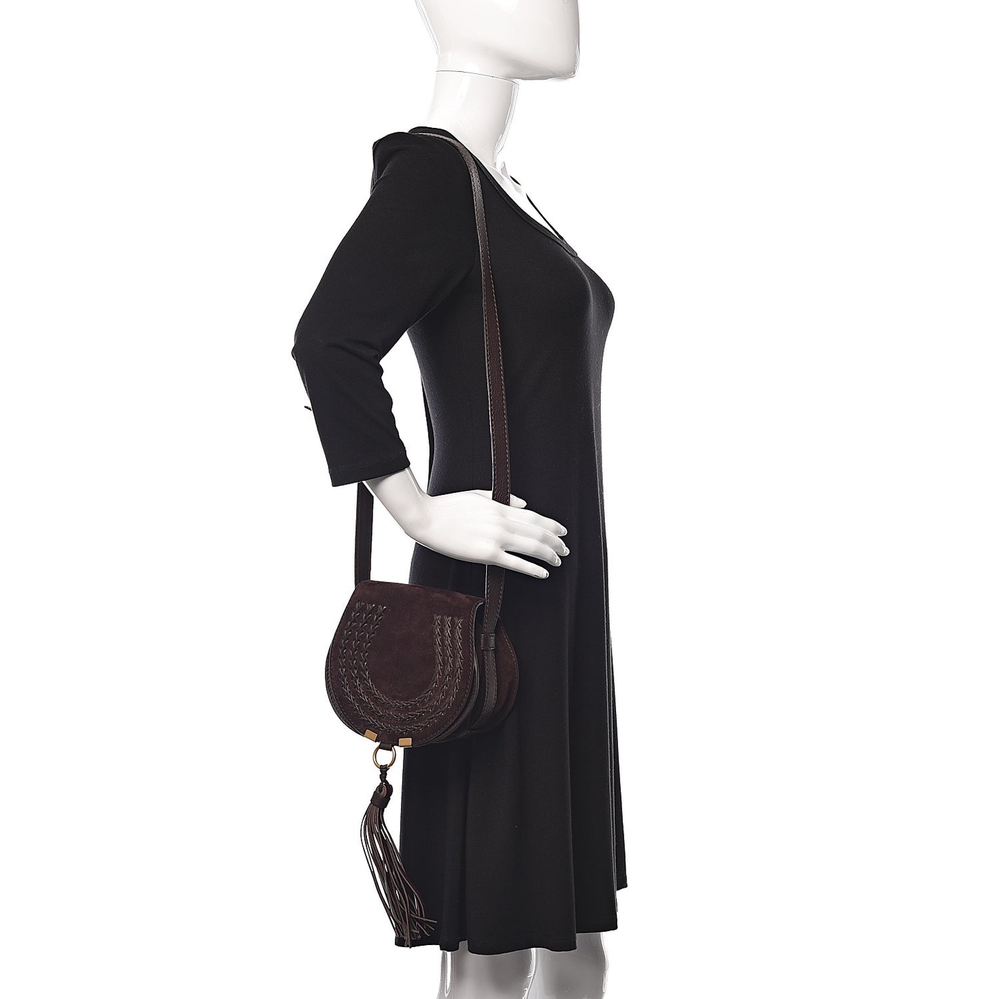 Suede Calfskin Braided Mini Marcie Round Crossbody Bag Carbon Brown