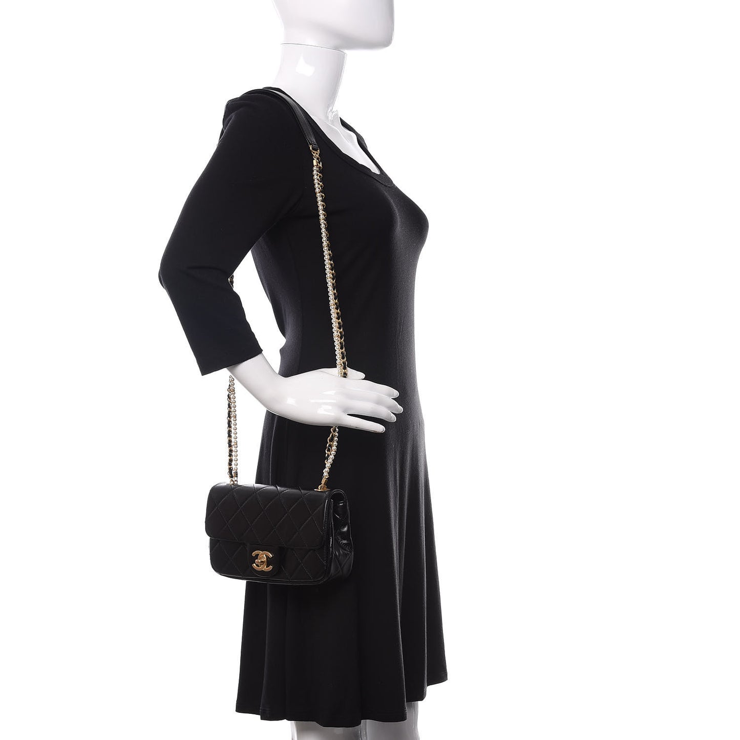 Calfskin Quilted Small Crystal Pearls Flap Bag Black