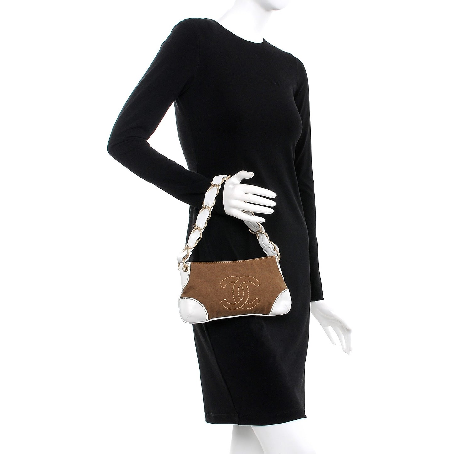 Lambskin Canvas CC Olsen Chain Small Shoulder Bag White Brown