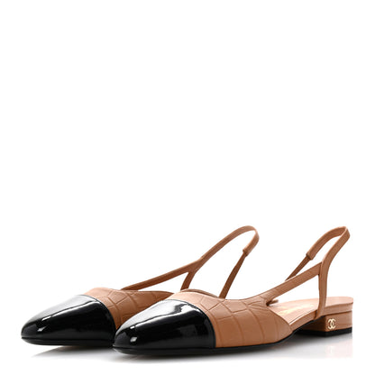 Chanel Calfskin Crocodile Embossed Patent Cap Toe CC Slingback Flats 37 Light Brown Black 4 of 10