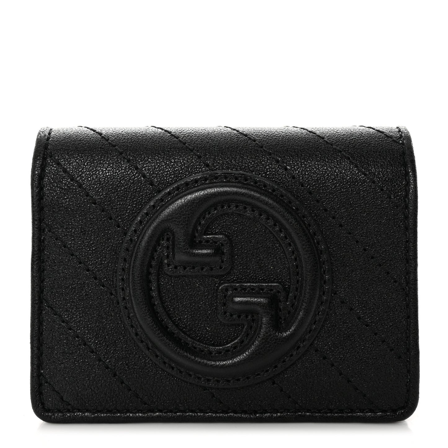 Sakai Be Green Calfskin Diagonal Stitched Blondie Card Case Wallet Black
