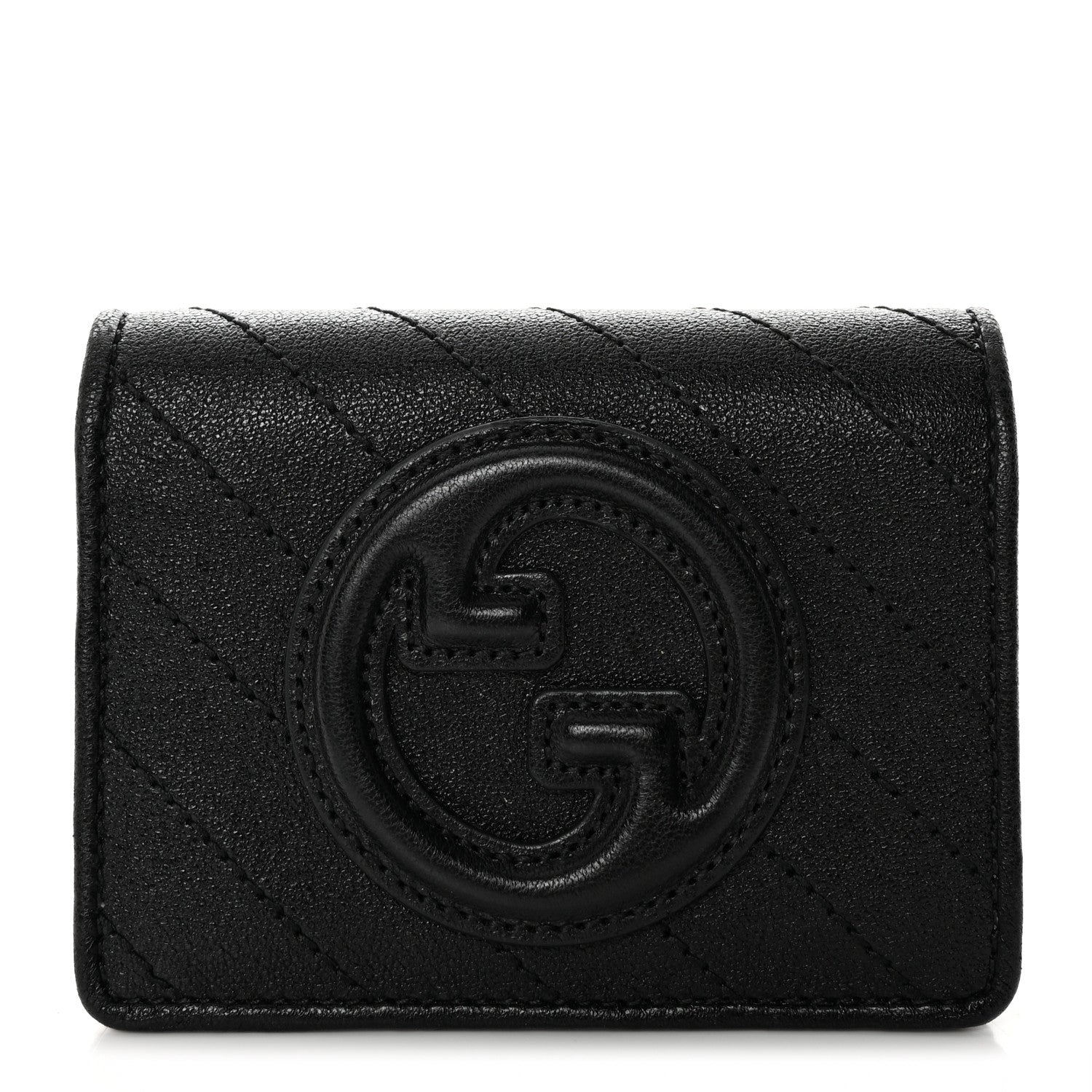 Gucci Sakai Be Green Calfskin Diagonal Stitched Blondie Card Case Wallet Black 1 of 10