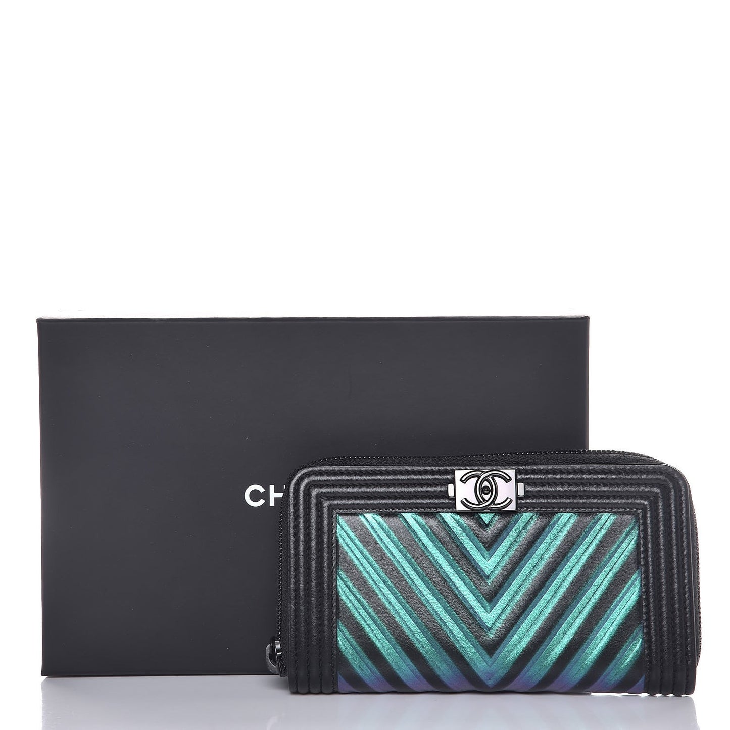Calfskin Painted Chevron Embossed Small Boy Zip Wallet Black