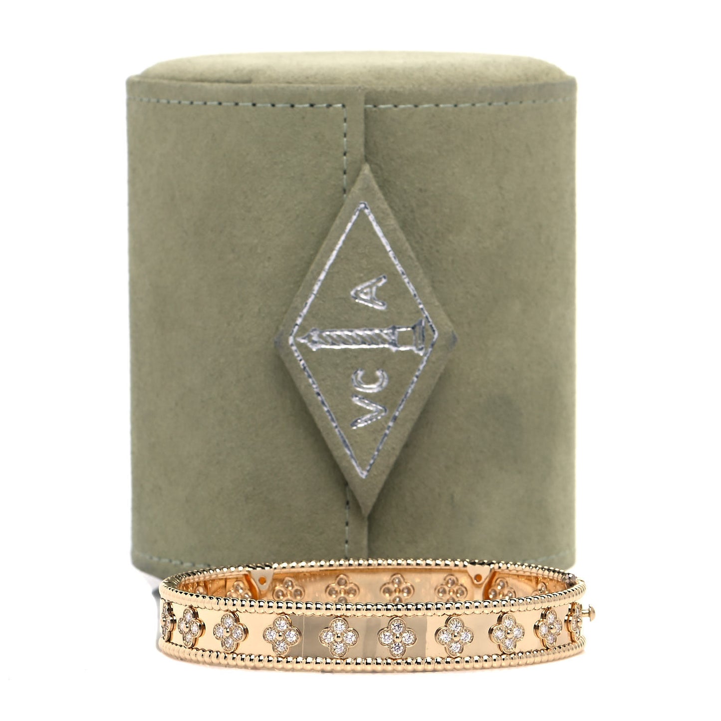 18K Yellow Gold Diamond Perlee Clovers Bangle Bracelet L
