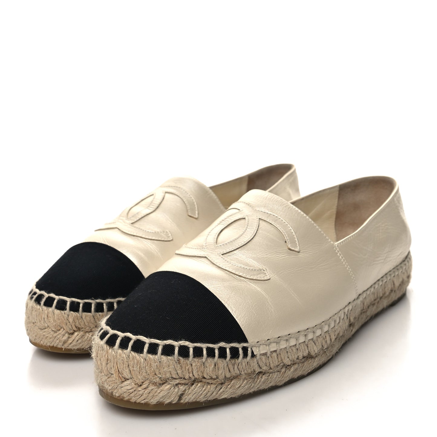 Metallic Calfskin Grosgrain CC Espadrilles 38 Ivory Black