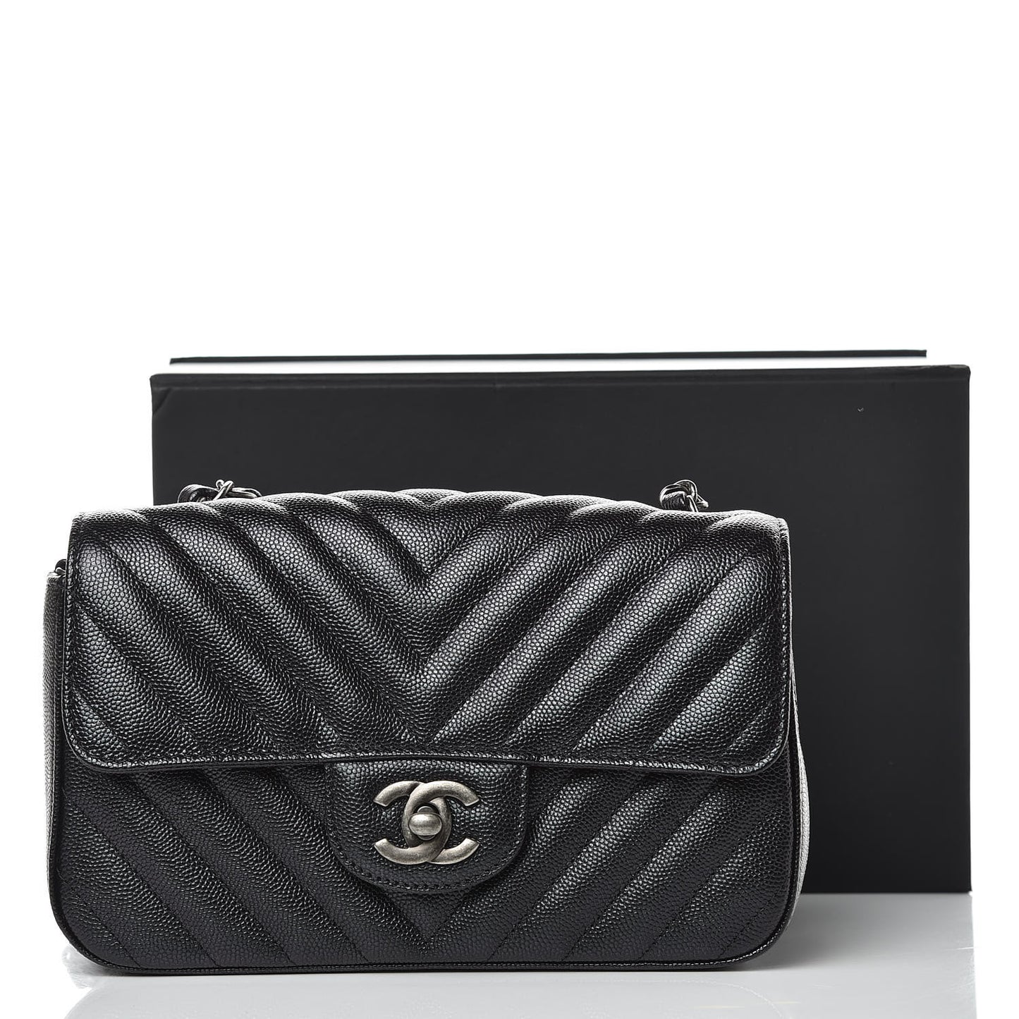 Iridescent Caviar Chevron Quilted Mini Rectangular Flap Black