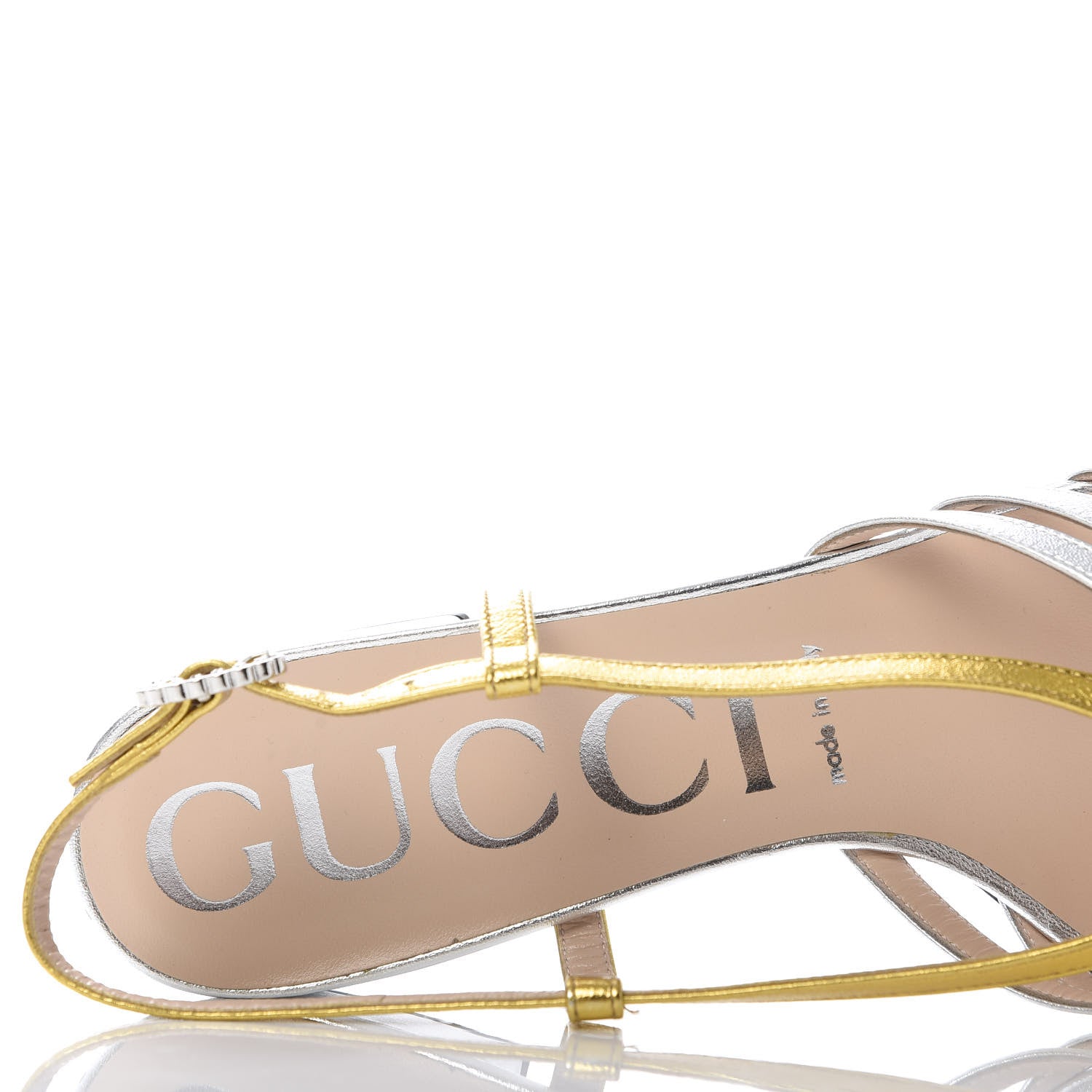 Gucci Metallic Nappa Crystal Zephyra Slingback Low Heel Sandals 38.5 Silver Gold 7 of 9