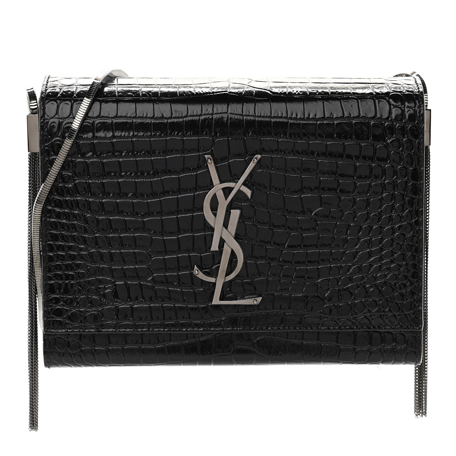 Saint Laurent Calfskin Crocodile Embossed Monogram Small Kate Slide Chain Crossbody Box Bag Black 1 of 10