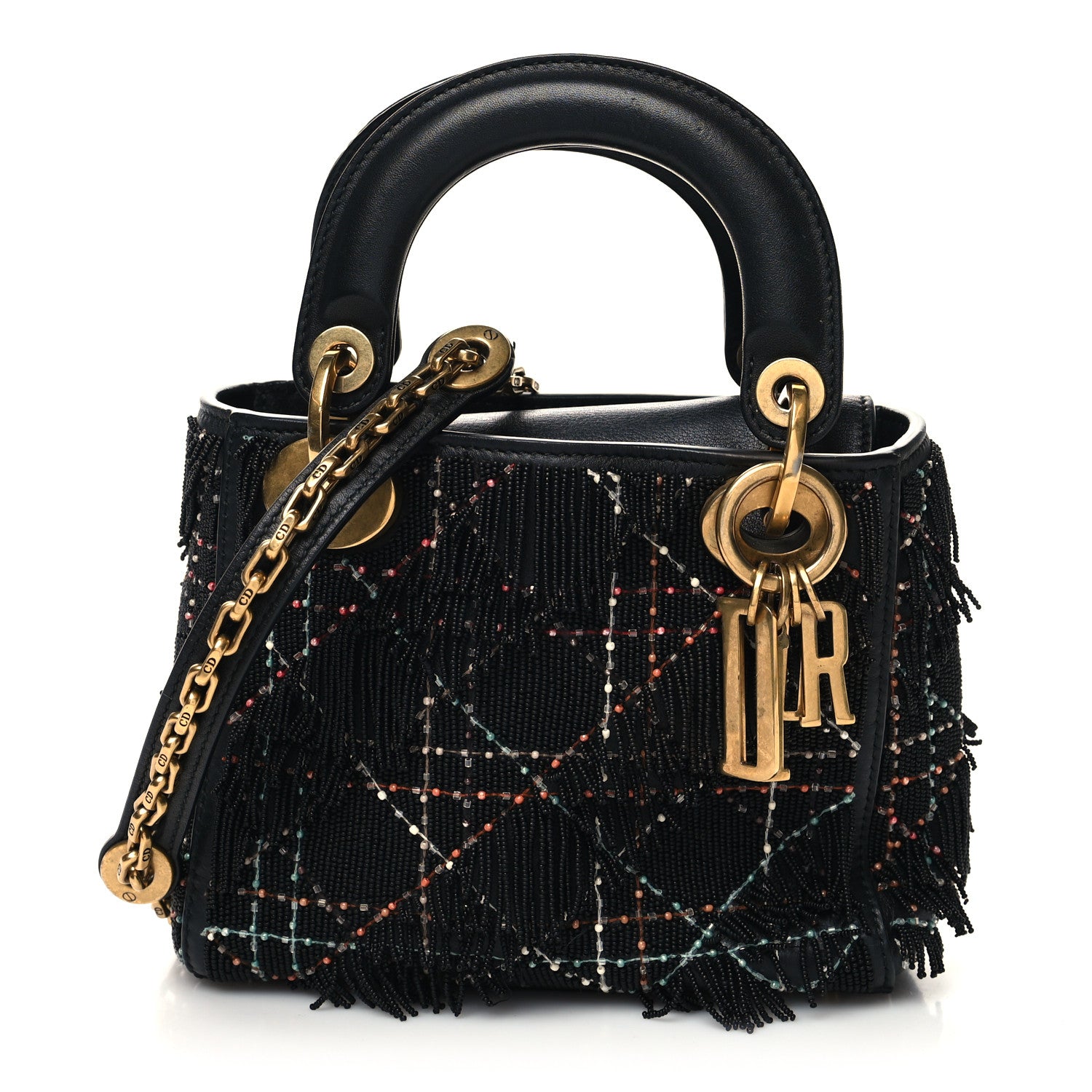 Christian Dior Lambskin Beaded Fringe Mini Lady Dior Black Multicolor 1 of 10