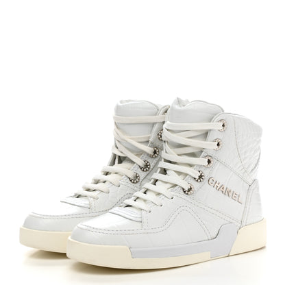 Chanel Calfskin Crocodile Embossed Cocodile High Top Sneakers 35.5 White 3 of 9