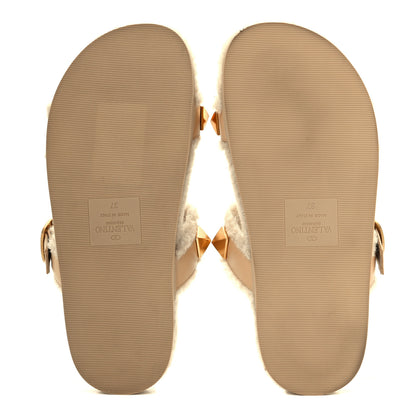 Valentino Garavani Shearling Roman Stud Slide Sandals 37 Sahara Beige 7 of 10