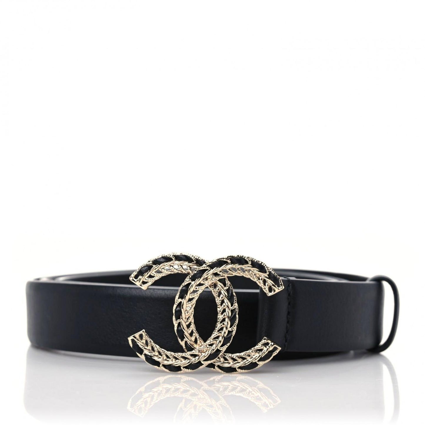 Calfskin Lambskin CC Chain Belt 95 38 Black Gold