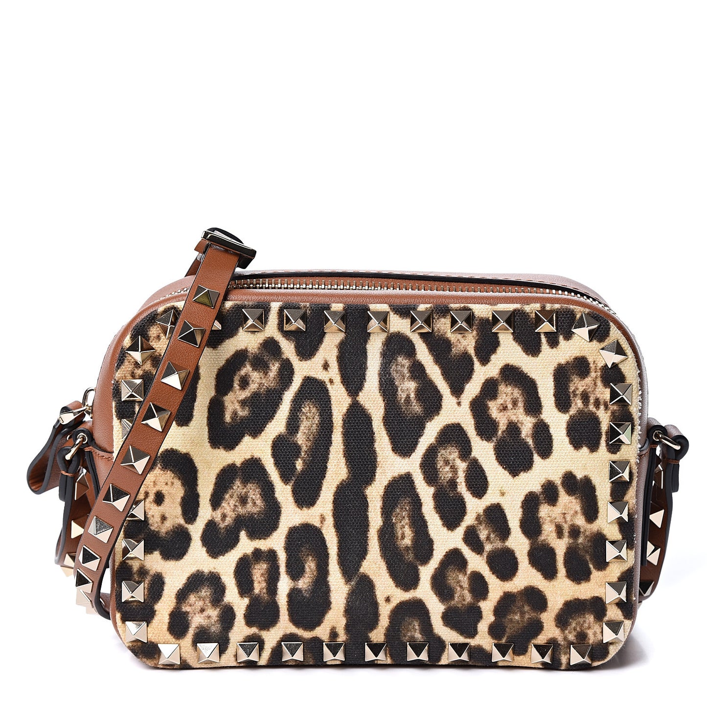 Nappa Canvas Leopard Print Rockstud Camera Crossbody Bag Brown