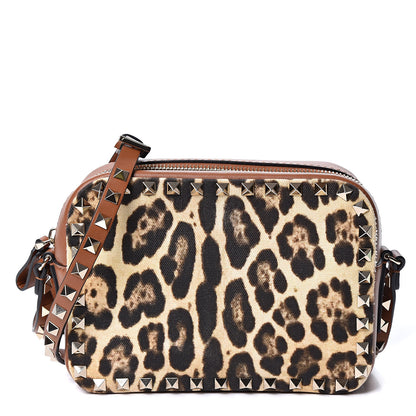 Valentino Garavani Nappa Canvas Leopard Print Rockstud Camera Crossbody Bag Brown 1 of 8
