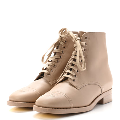 Chanel Calfskin Cap Toe CC Lace Up Boots 35.5 Beige 3 of 10