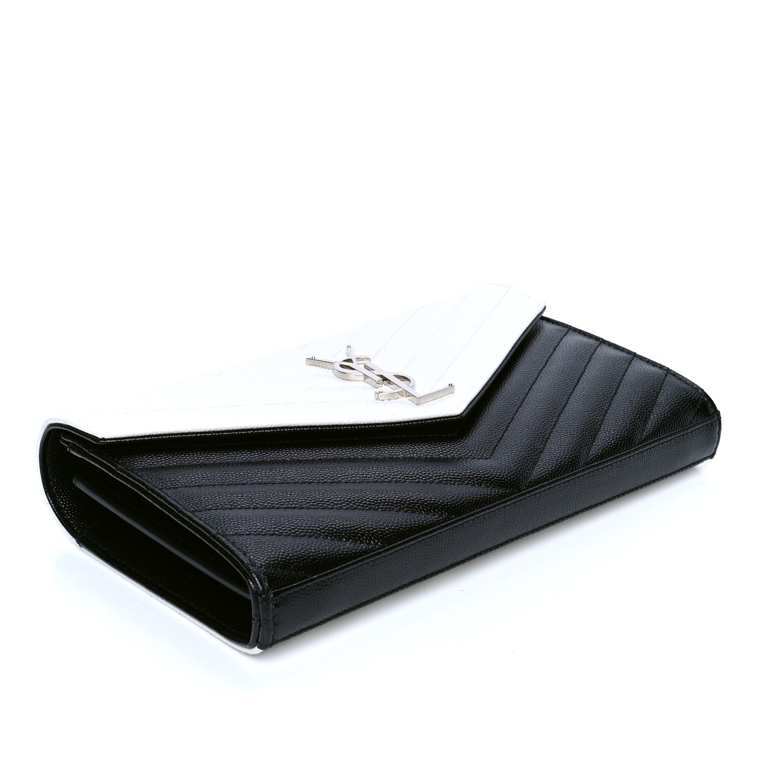 Saint Laurent Grain De Poudre Matelasse Chevron Bi-Color Monogram Chain Wallet White Black 3 of 4