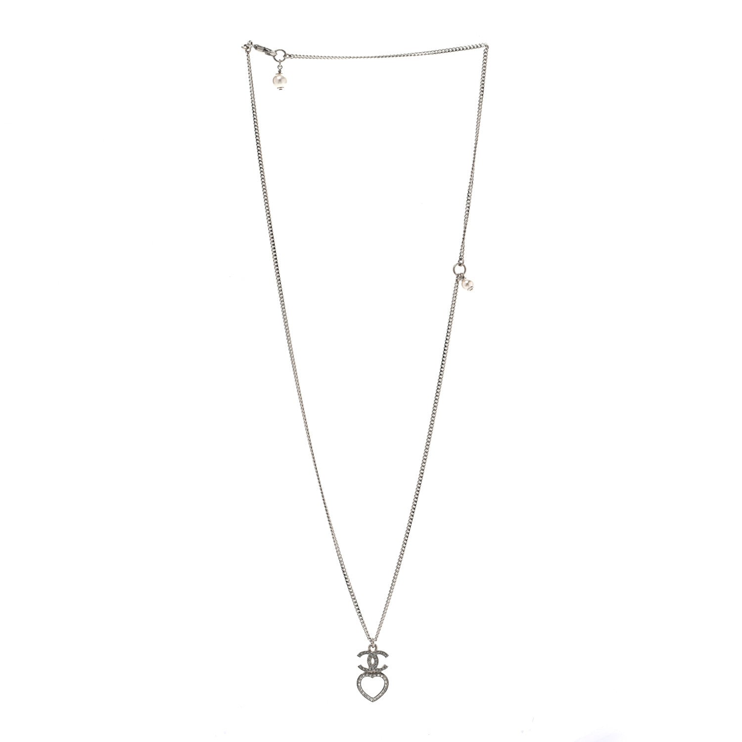 Chanel Crystal CC Heart Drop Chain Necklace Silver 3 of 6