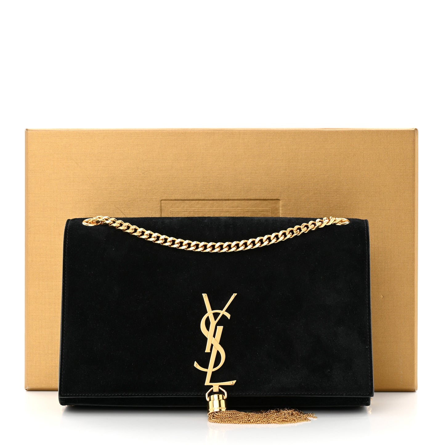 Suede Medium Classic Monogram Kate Tassel Satchel Black