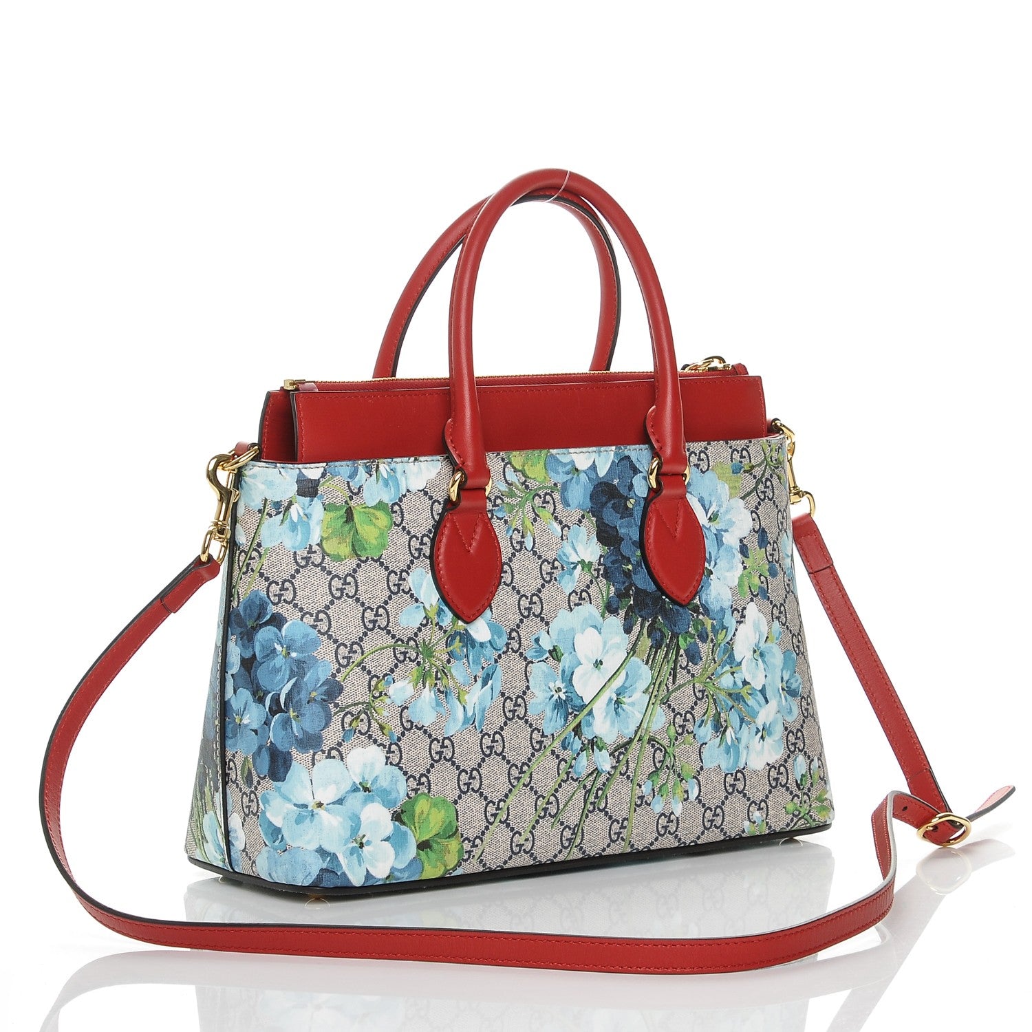 Gucci GG Supreme Monogram Blooms Small Zip Top Tote Beige Blue Navy Hibiscus Red 2 of 8