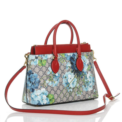 Gucci GG Supreme Monogram Blooms Small Zip Top Tote Beige Blue Navy Hibiscus Red 2 of 8