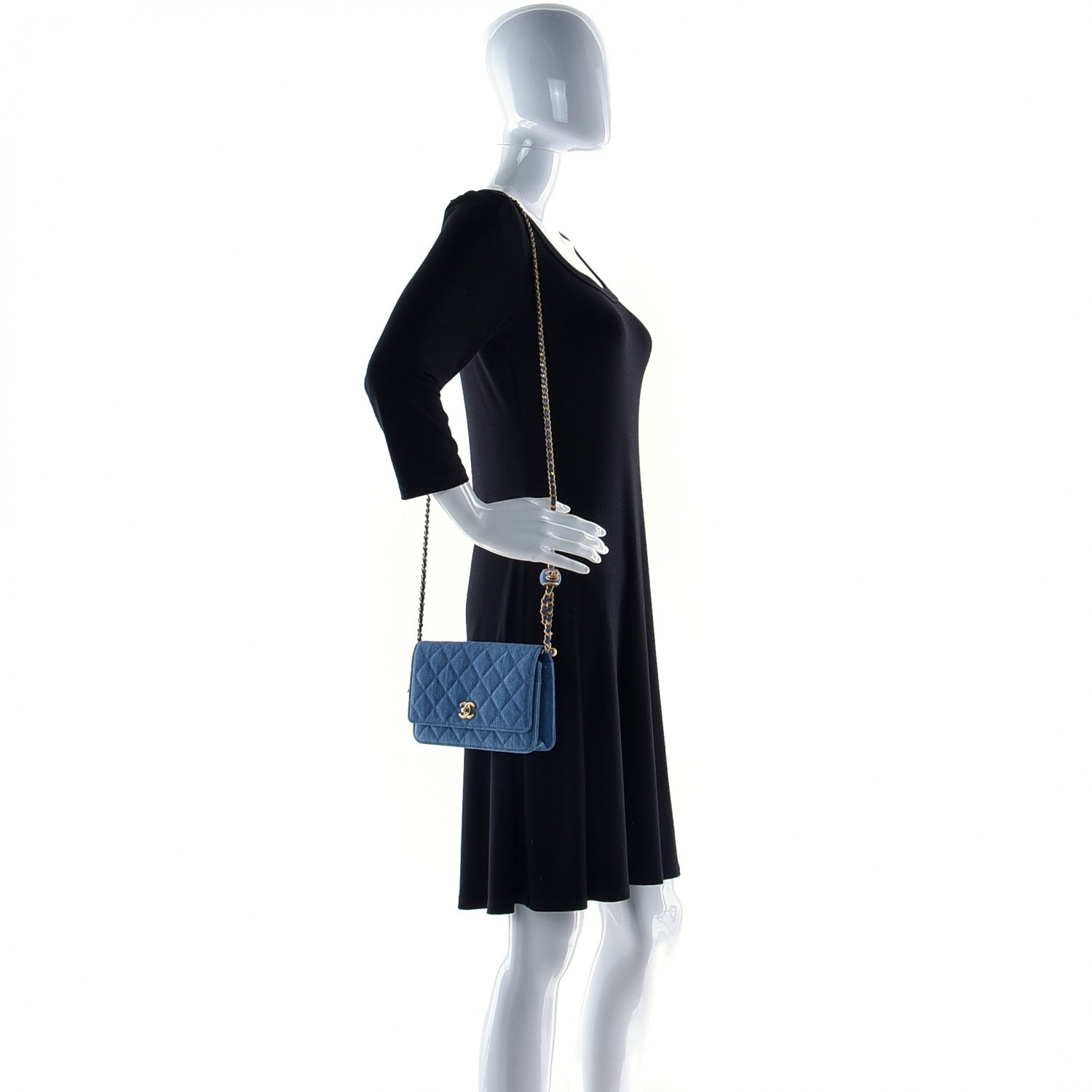 Chanel Denim Quilted CC Pearl Crush Wallet On Chain WOC Blue 3 of 13