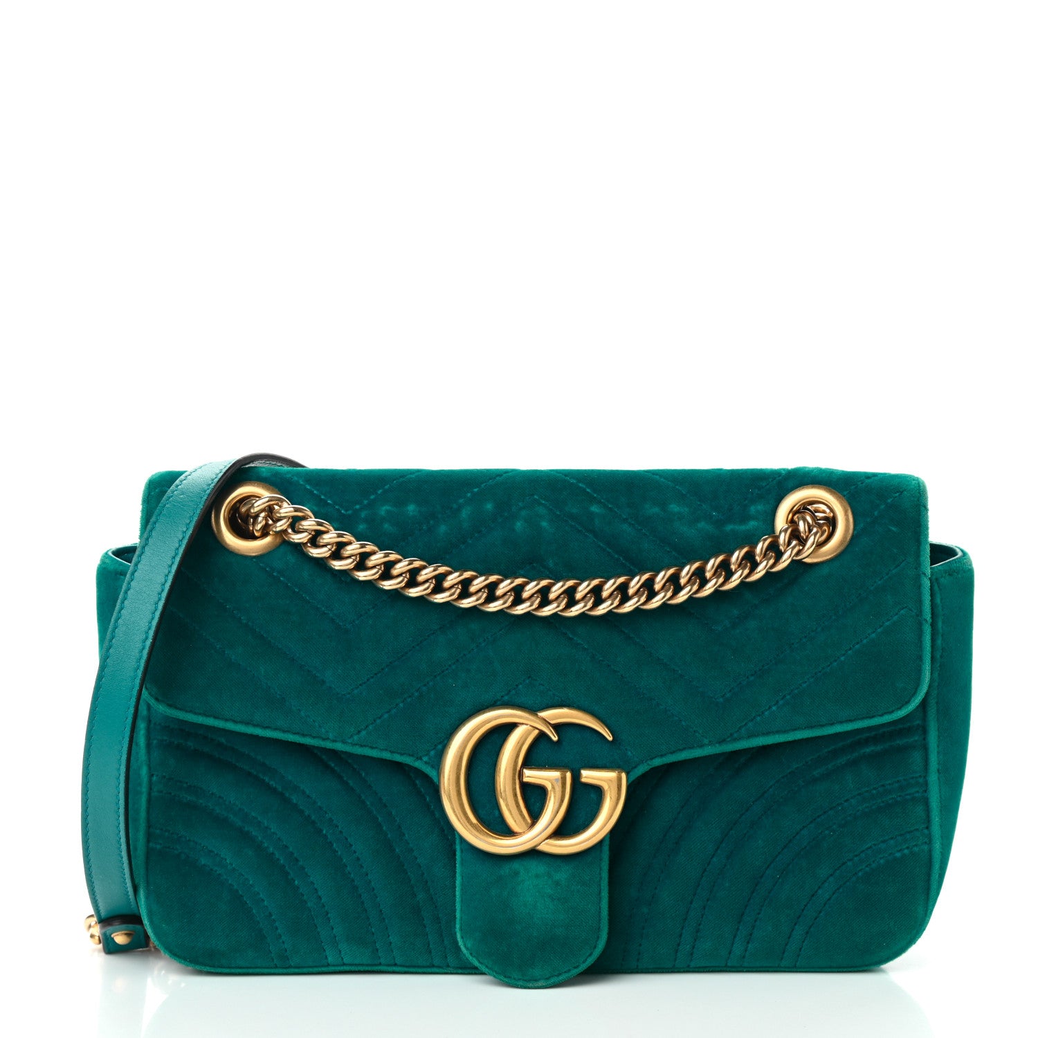 Gucci Velvet Matelasse Small GG Marmont Shoulder Bag Pavone Cyan 1 of 11