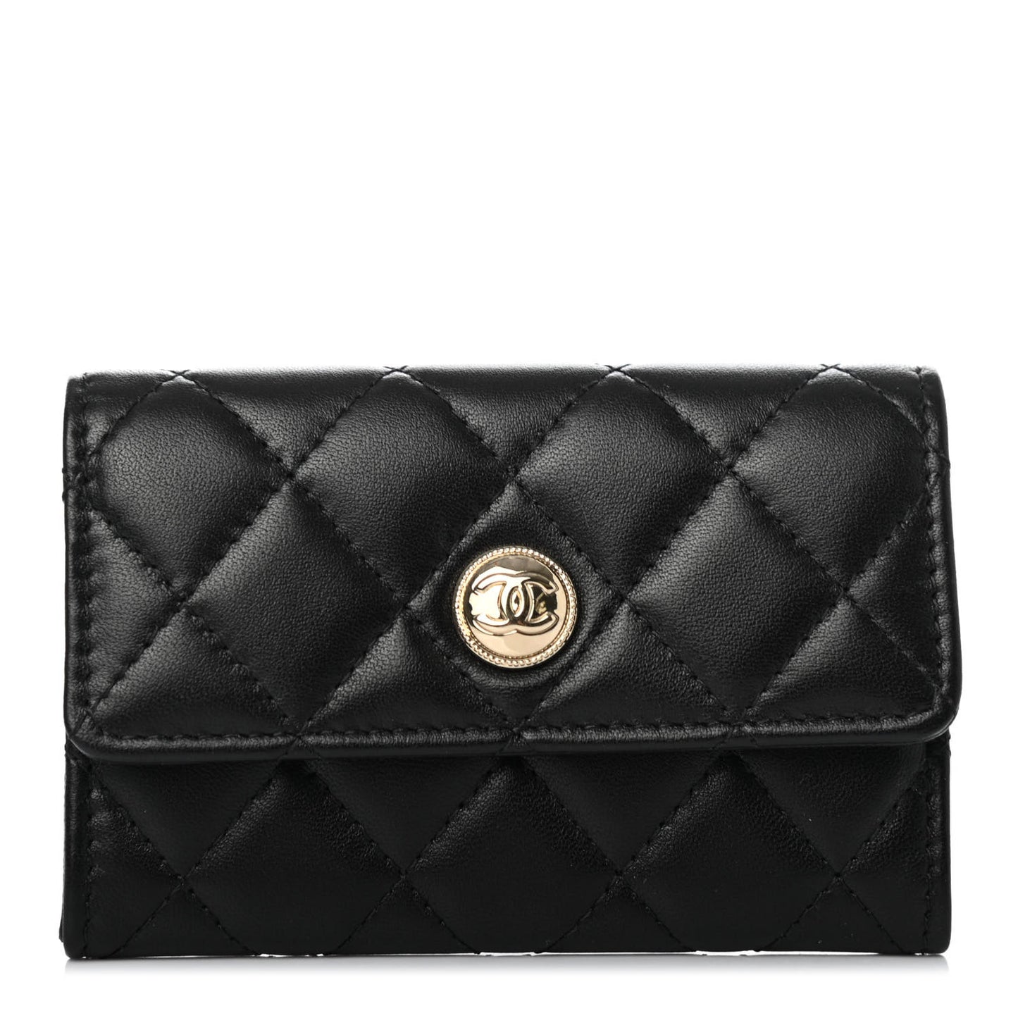 Lambskin Quilted CC Button Flap Card Holder Black