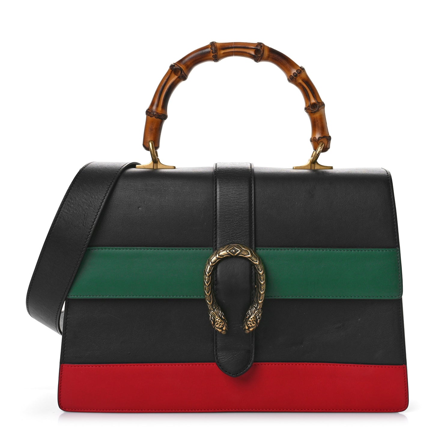 Calfskin Bamboo Web Large Dionysus Top Handle Bag Black Bright Evergreen Hibiscus Red