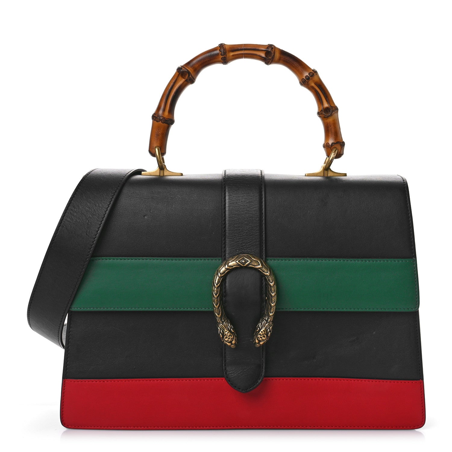 Gucci Calfskin Bamboo Web Large Dionysus Top Handle Bag Black Bright Evergreen Hibiscus Red 1 of 13