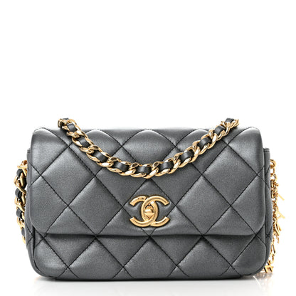 Chanel Metallic Lambskin Quilted Logo Charm Chain Flap Grey 1 of 11