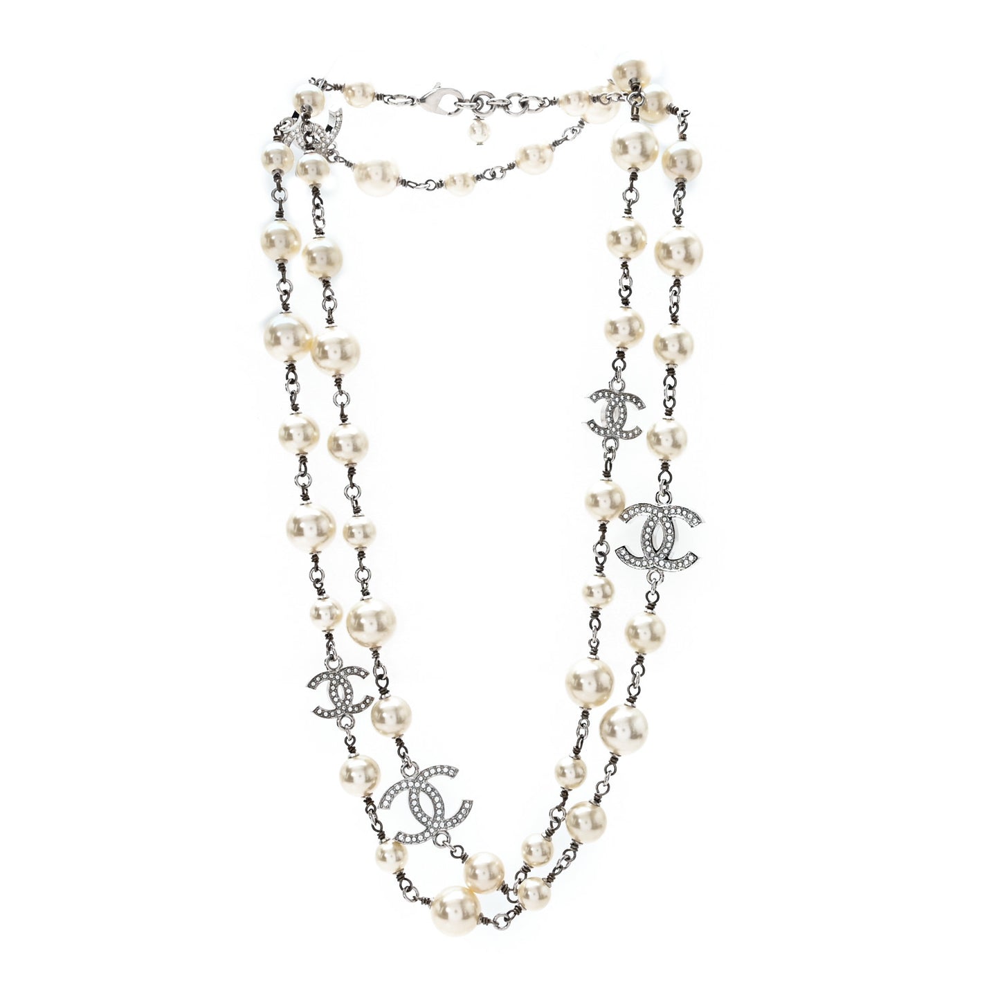 Crystal Pearl CC Long Necklace Silver
