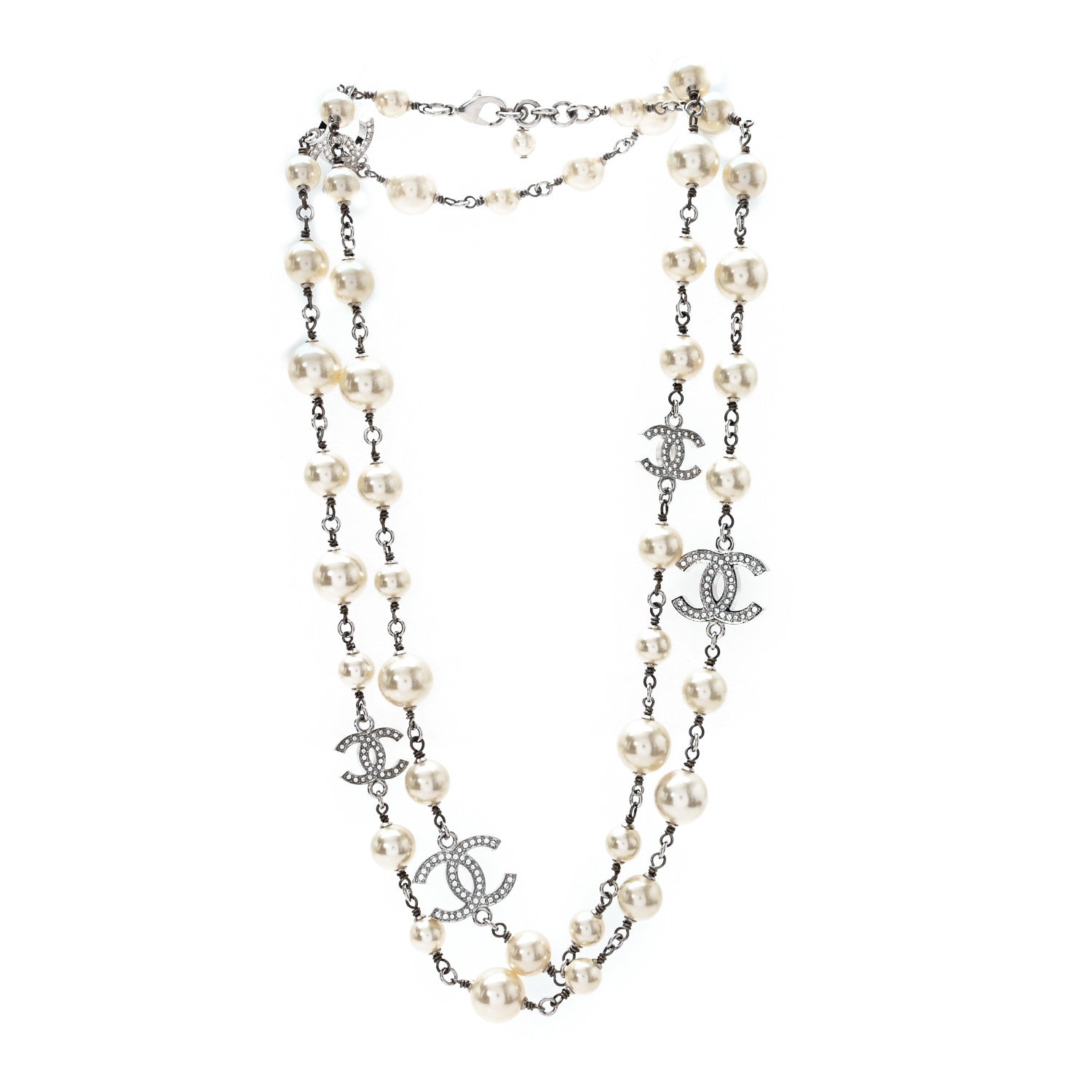 Chanel Crystal Pearl CC Long Necklace Silver 3 of 5