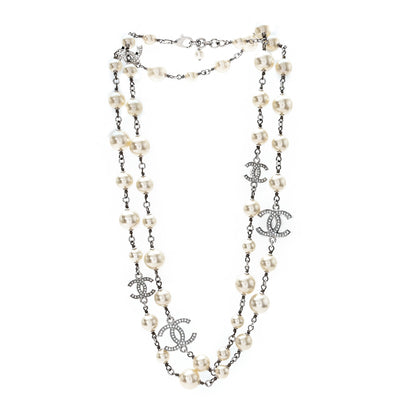 Chanel Crystal Pearl CC Long Necklace Silver 3 of 5