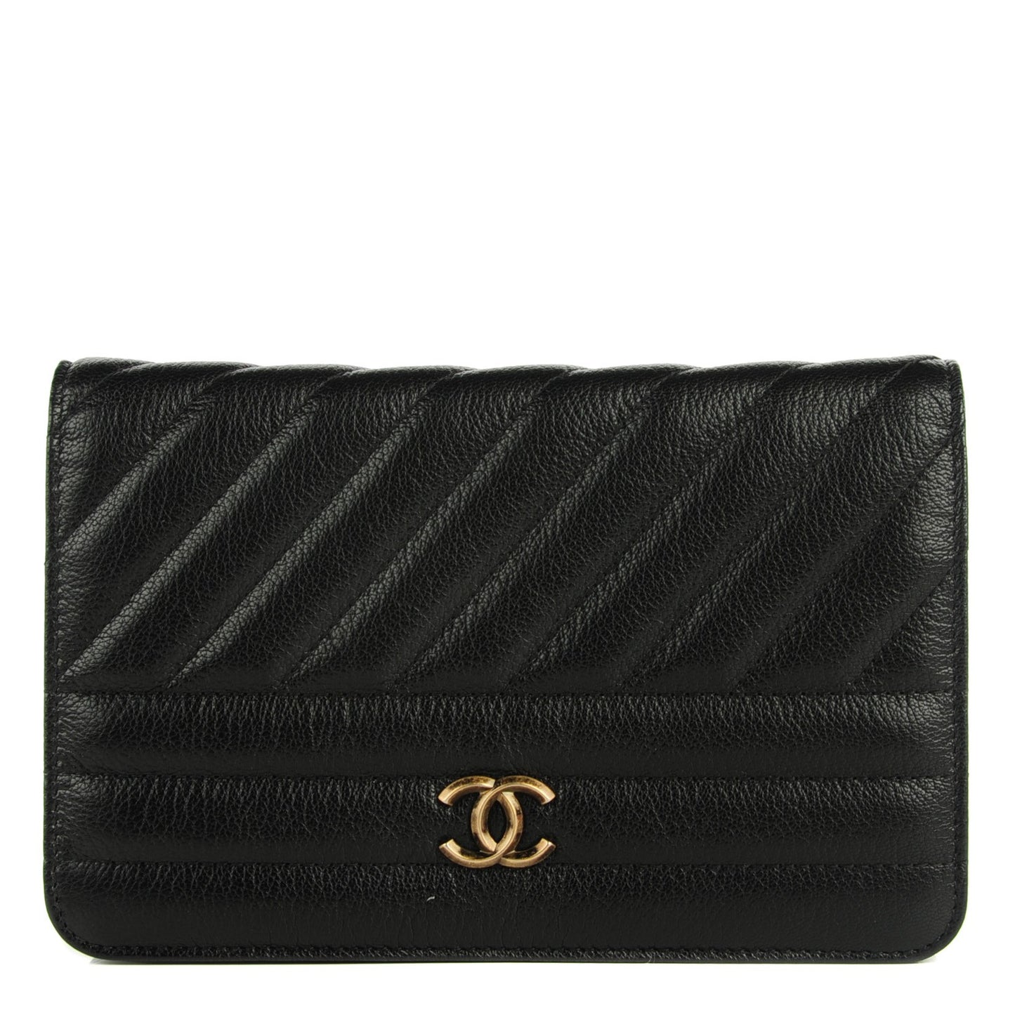 Goatskin Diagonal Quilted Wallet On Chain WOC Black