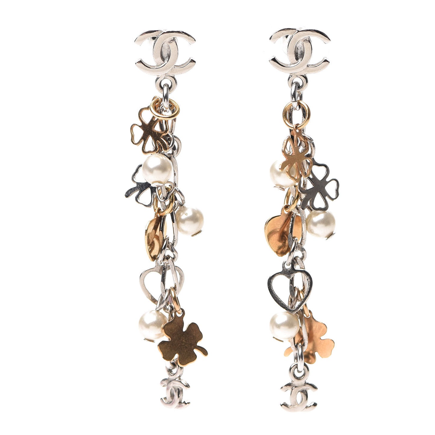 Pearl CC Charm Chain Drop Earrings Silver Gold