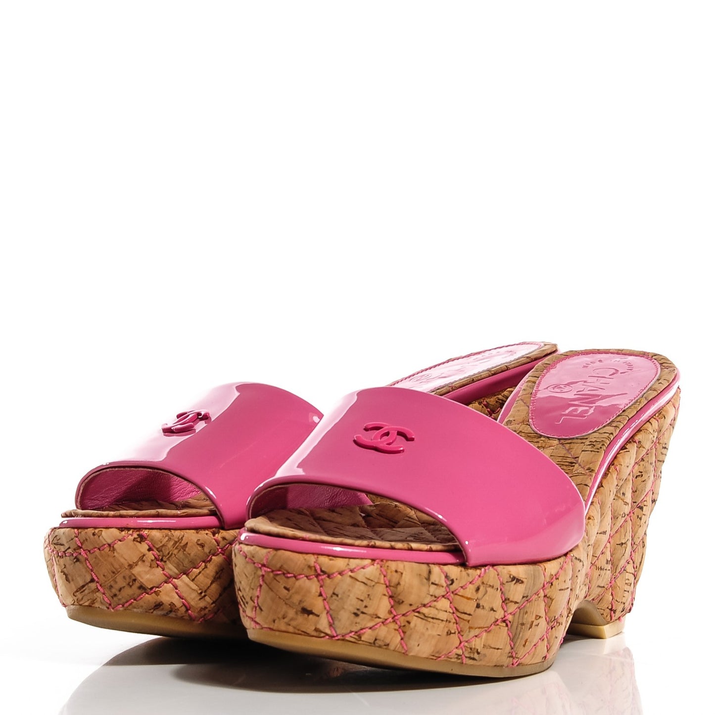 Patent Cork Quilted CC Wedge Sandals 38 Pink