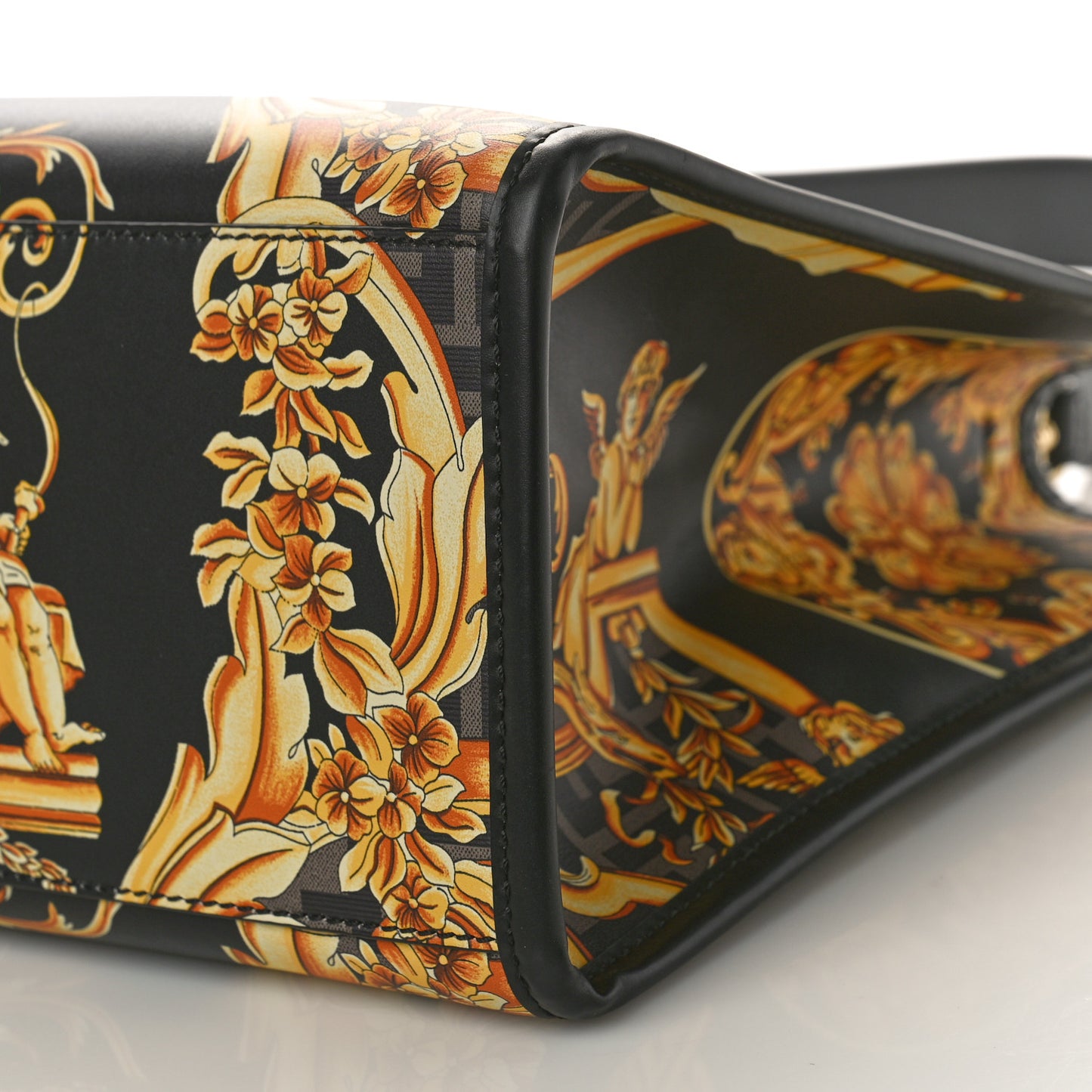 X VERSACE Calfskin Plexiglass Fendace FF Baroque Print Medium Fendi Sunshine Shopper Tote Black Gold
