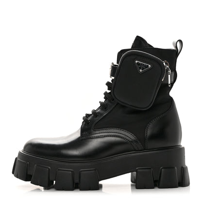 Prada Spazzolato Rois Nylon Metal Triangle Logo Monolith Pouch Pocket 55mm Boots 40 Black 1 of 8