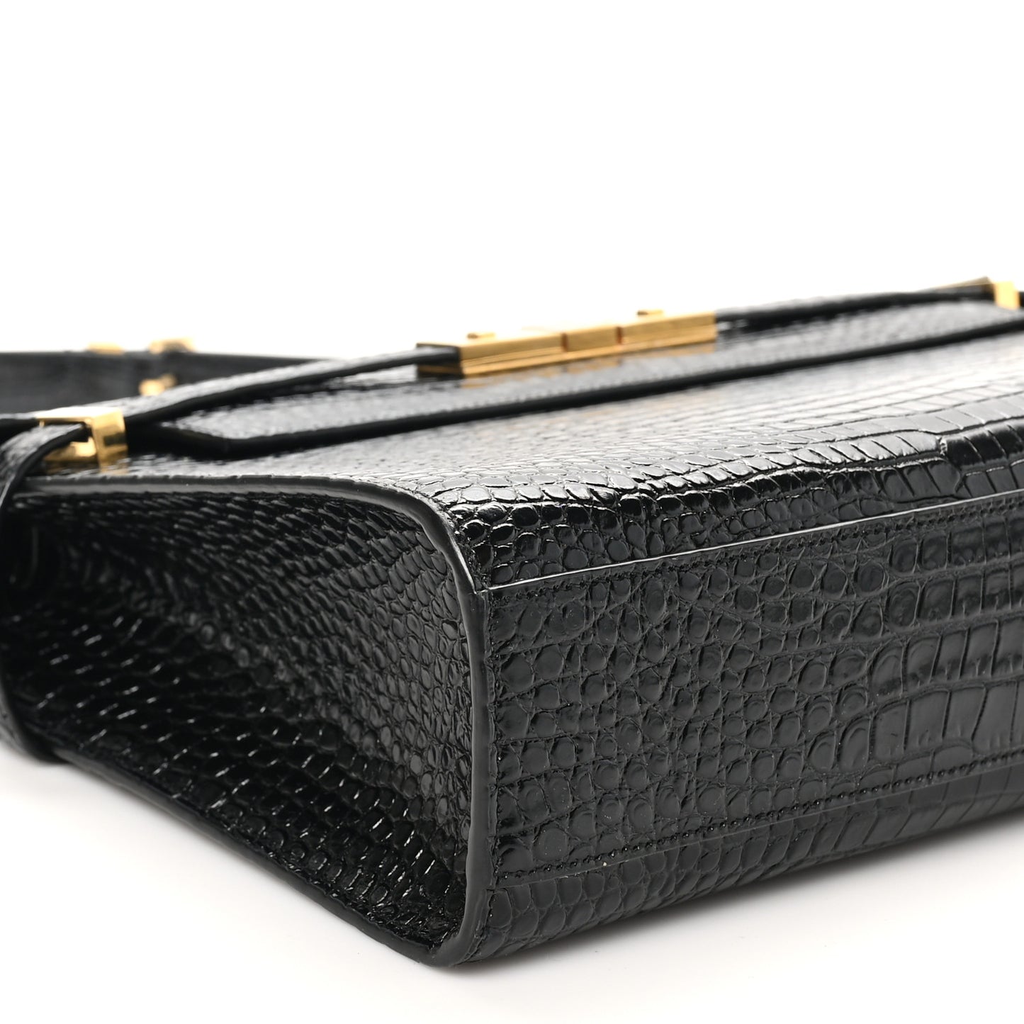 Shiny Calfskin Crocodile Embossed Manhattan Baguette Black