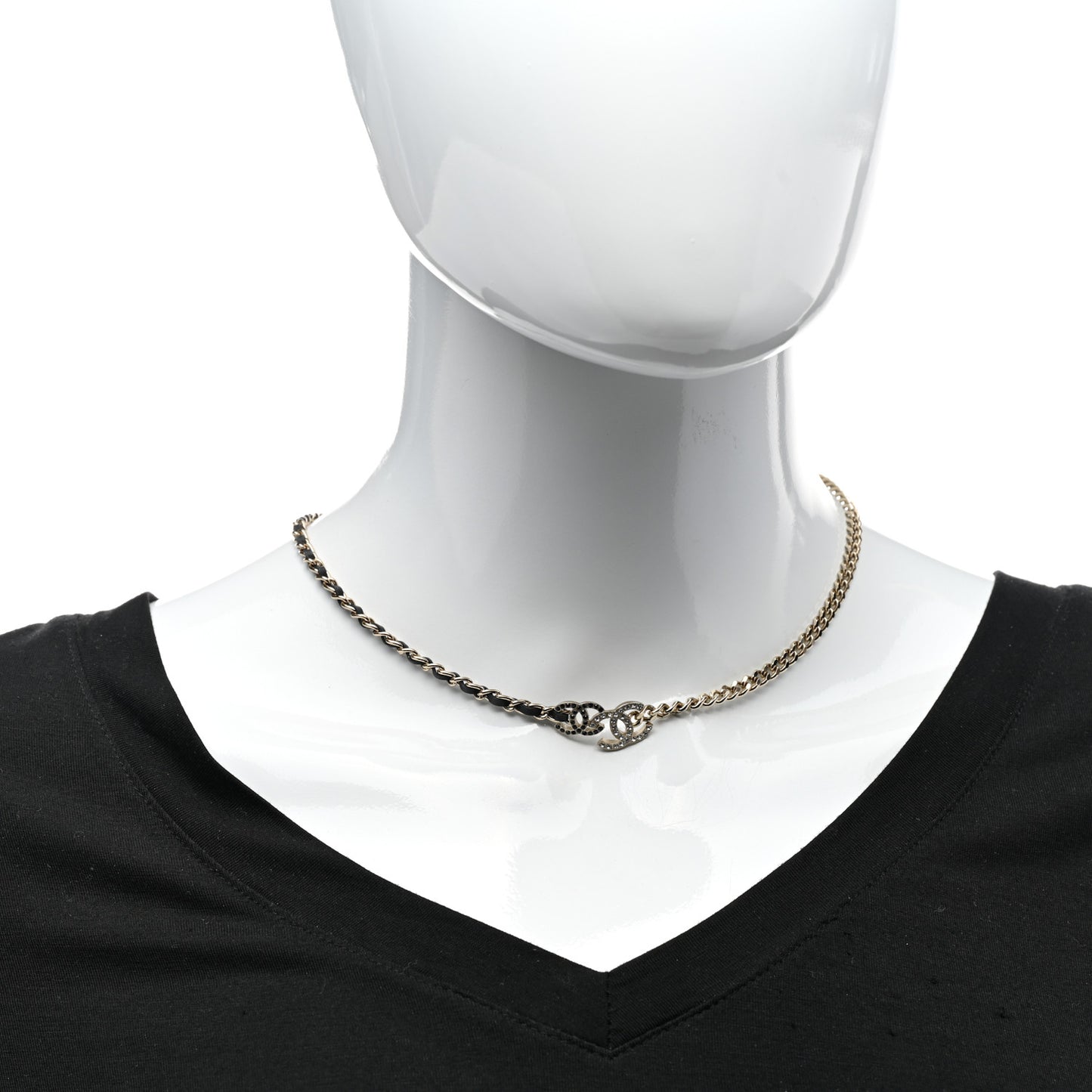 Metal Calfskin Crystal Double CC Short Necklace Black Gold