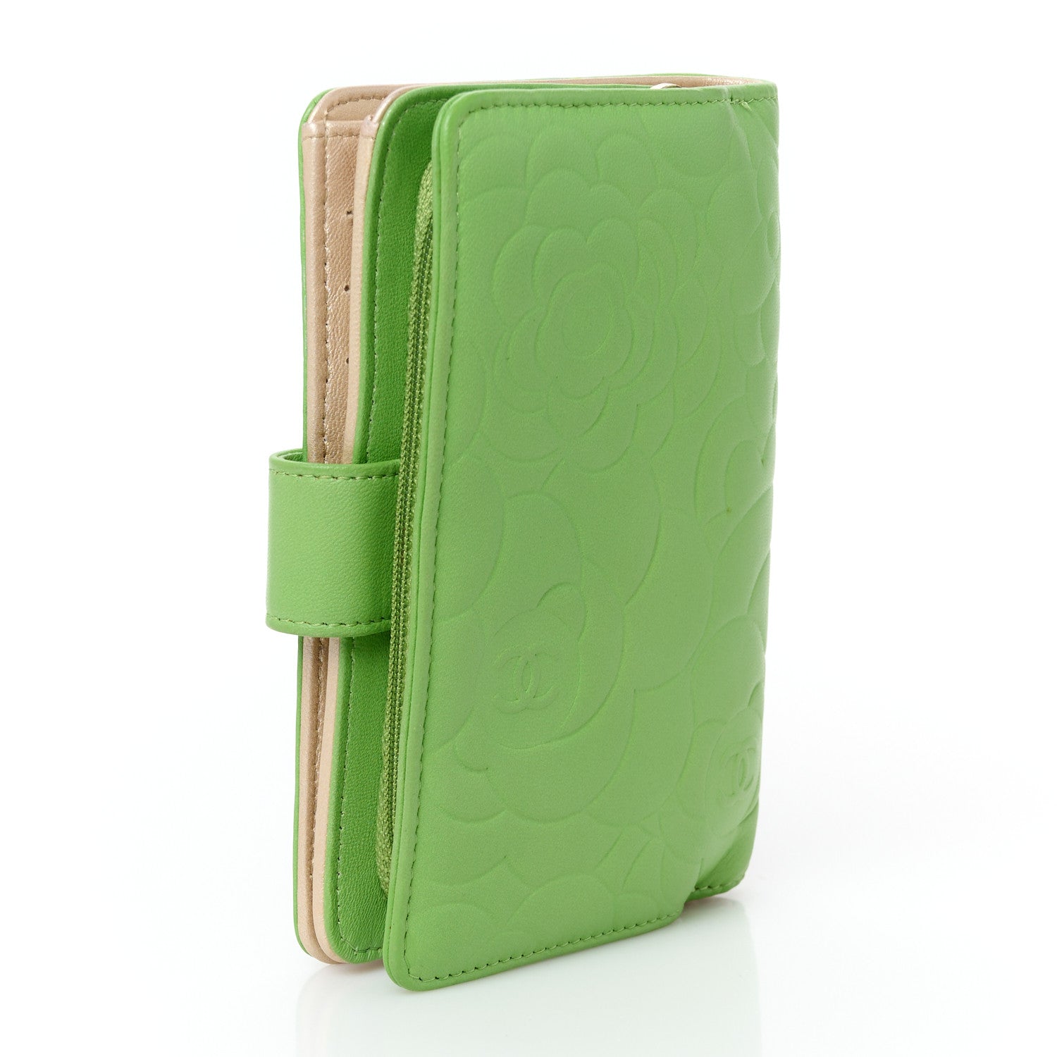 Chanel Lambskin Camellia Embossed Zipped Pocket Wallet Green 3 of 12