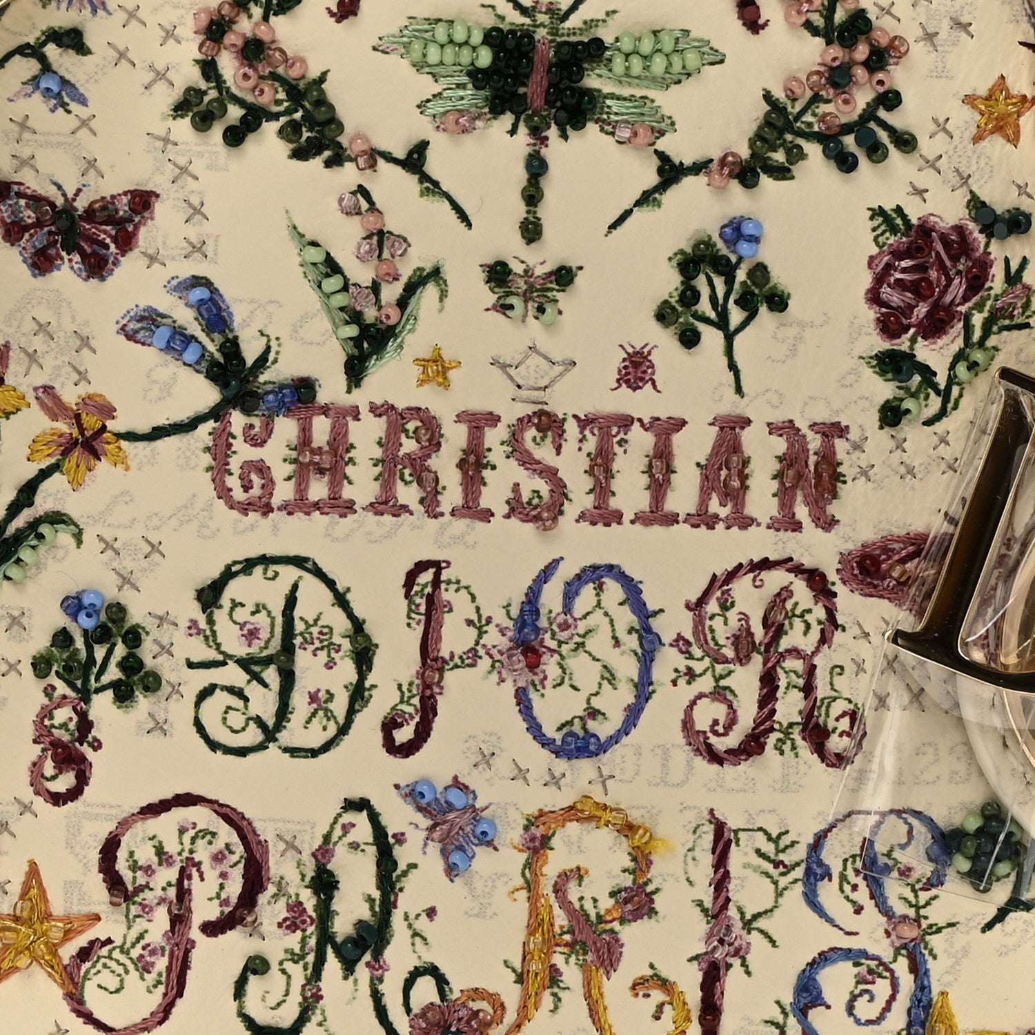 Christian Dior Calfskin Beaded Embroidered Paris 1947 Mini Lady Dior Latte Multicolor 7 of 9