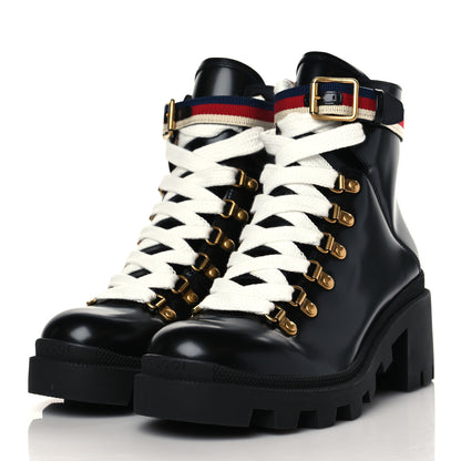 Gucci Calfskin Sylvie Web Womens Lace Up Combat Boots 38 Black 3 of 8