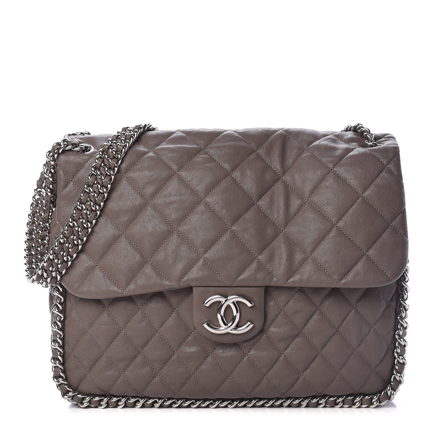 Washed Lambskin Quilted Chain Around Maxi Flap Taupe