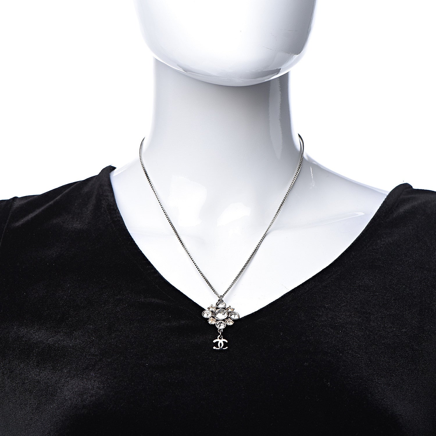 Chanel Crystal CC Drop Pendant Necklace Silver 2 of 7