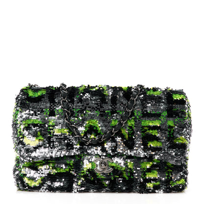 Chanel Sequin Logo Single Flap Green Silver Black 1 of 11