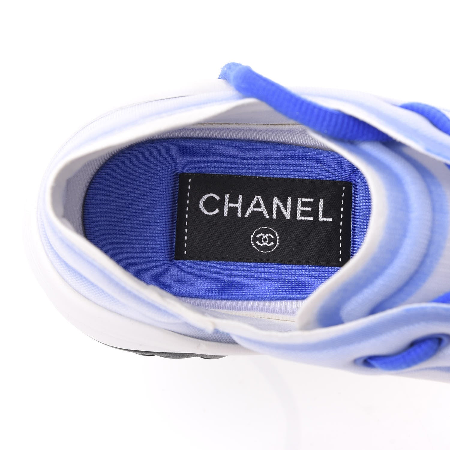 Chanel Calfskin Mesh Lyrca Womens Logo Sneakers 37.5 White Blue 6 of 8