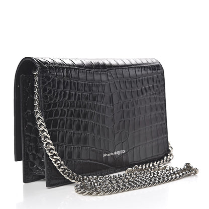 Alexander McQueen Calfskin Crocodile Embossed Skull Mini Crossbody Bag Black 3 of 11